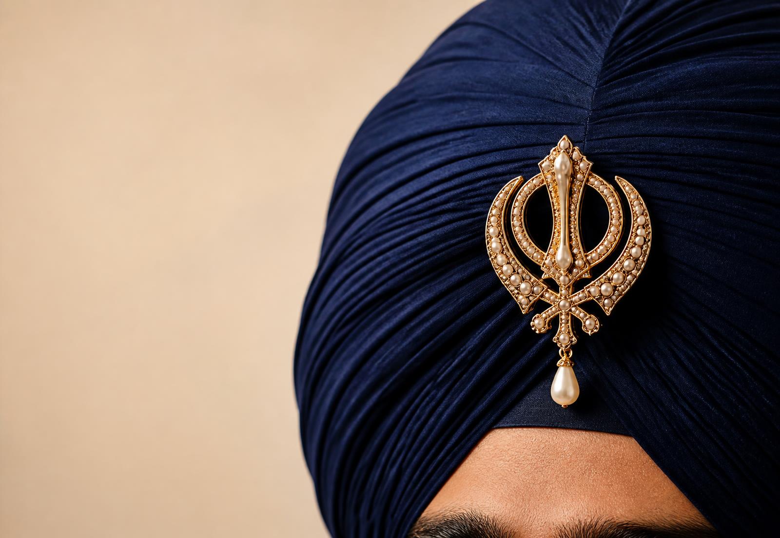 Navy blue Sikh turban with a gold khanda kalgi brooch