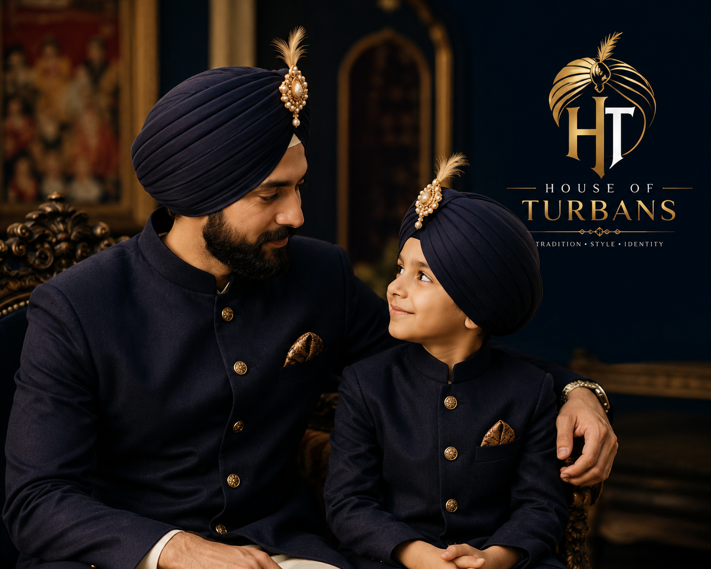 Father and child wearing coordinated navy turbans