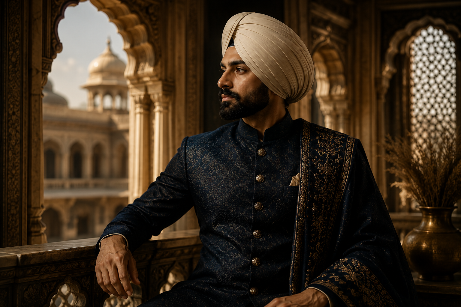 A cream-turbaned man in a heritage setting