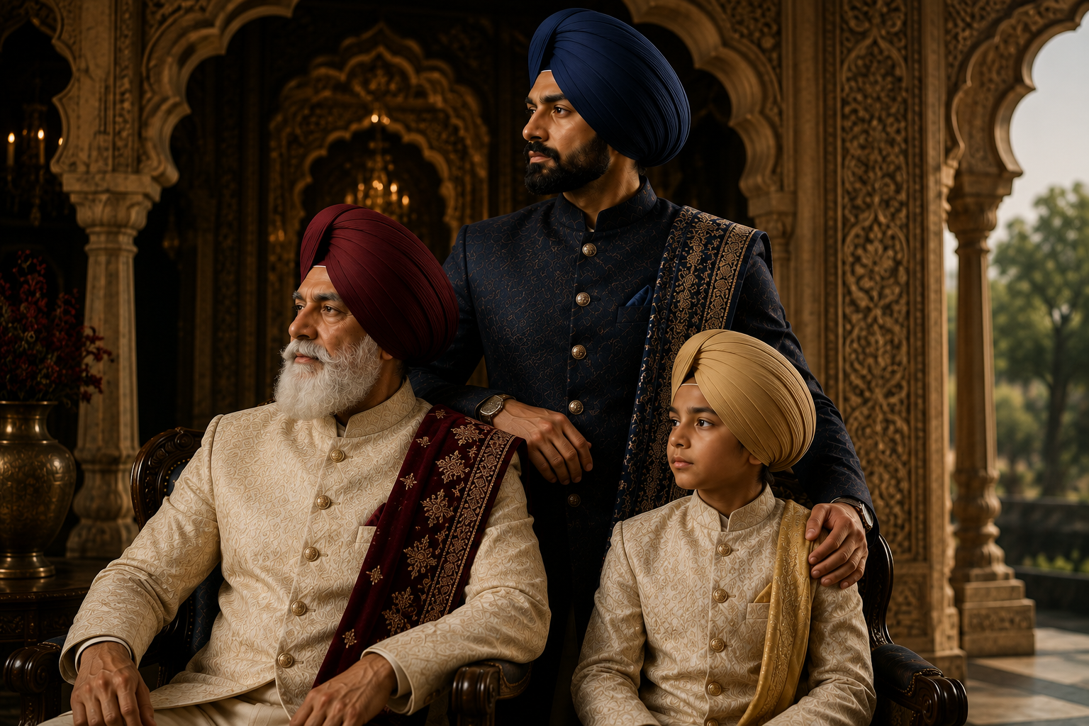 Three generations wearing traditional turban styling