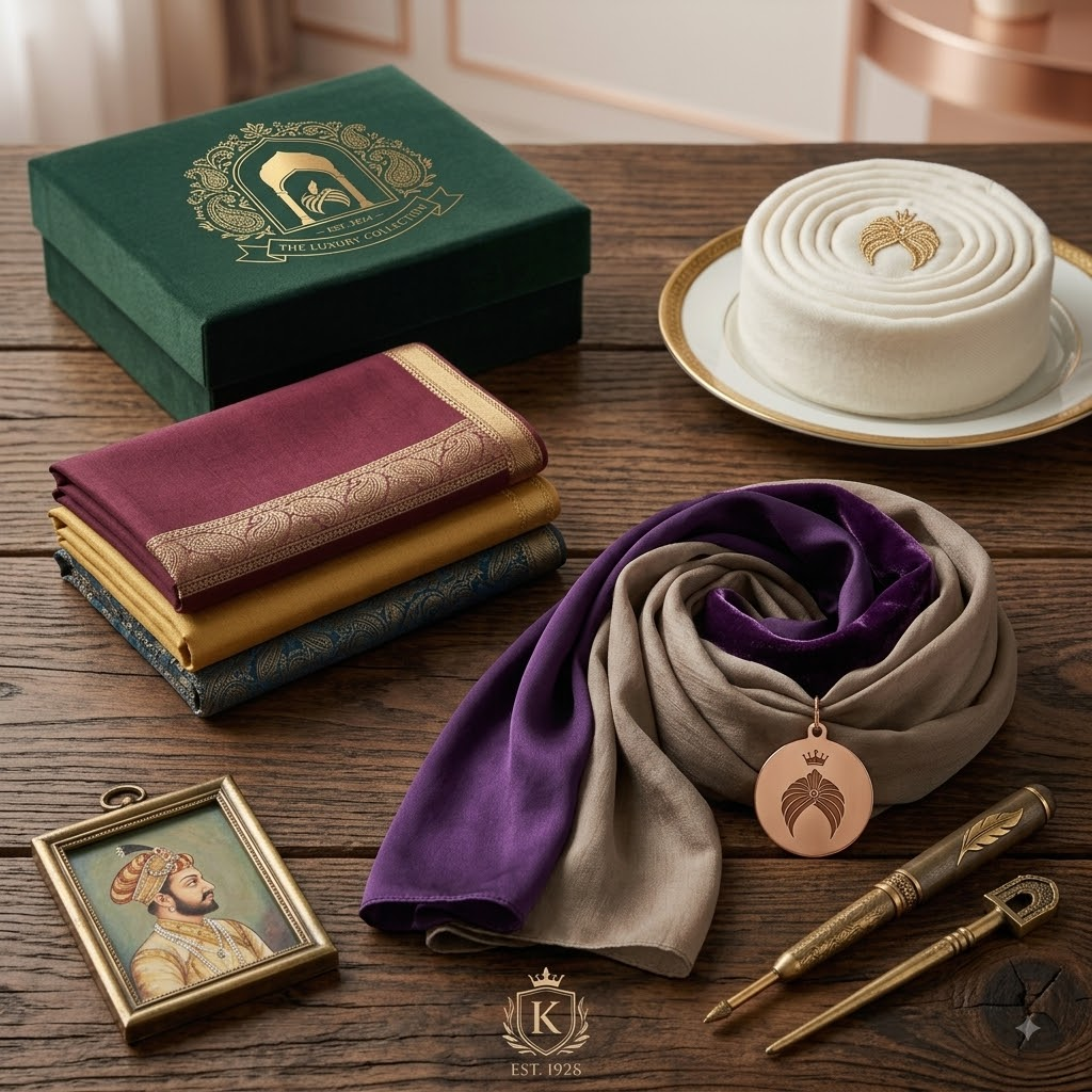 A boxed luxury voile turban collection with silk swatches, jewellery and a portrait miniature