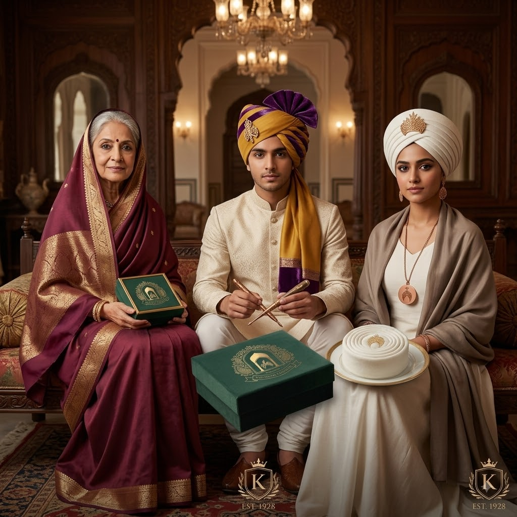 A family portrait — a matriarch, a young groom and a woman, all in traditional turbans and finery